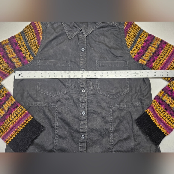 We The Free Long Sleeve Button Up Shirt Purple Yellow Crochet Sleeves Size Large - Picture 6 of 8